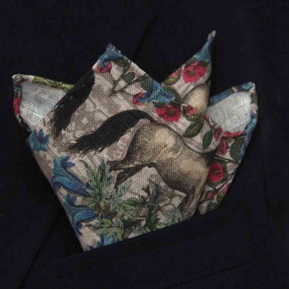 Hand Stitched European Linen Pocket Square Horses Floral Tan Red Blue Men's - Picture 4 of 4